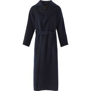 Massimo Dutti Navy Long Belted Wool Trench Coat